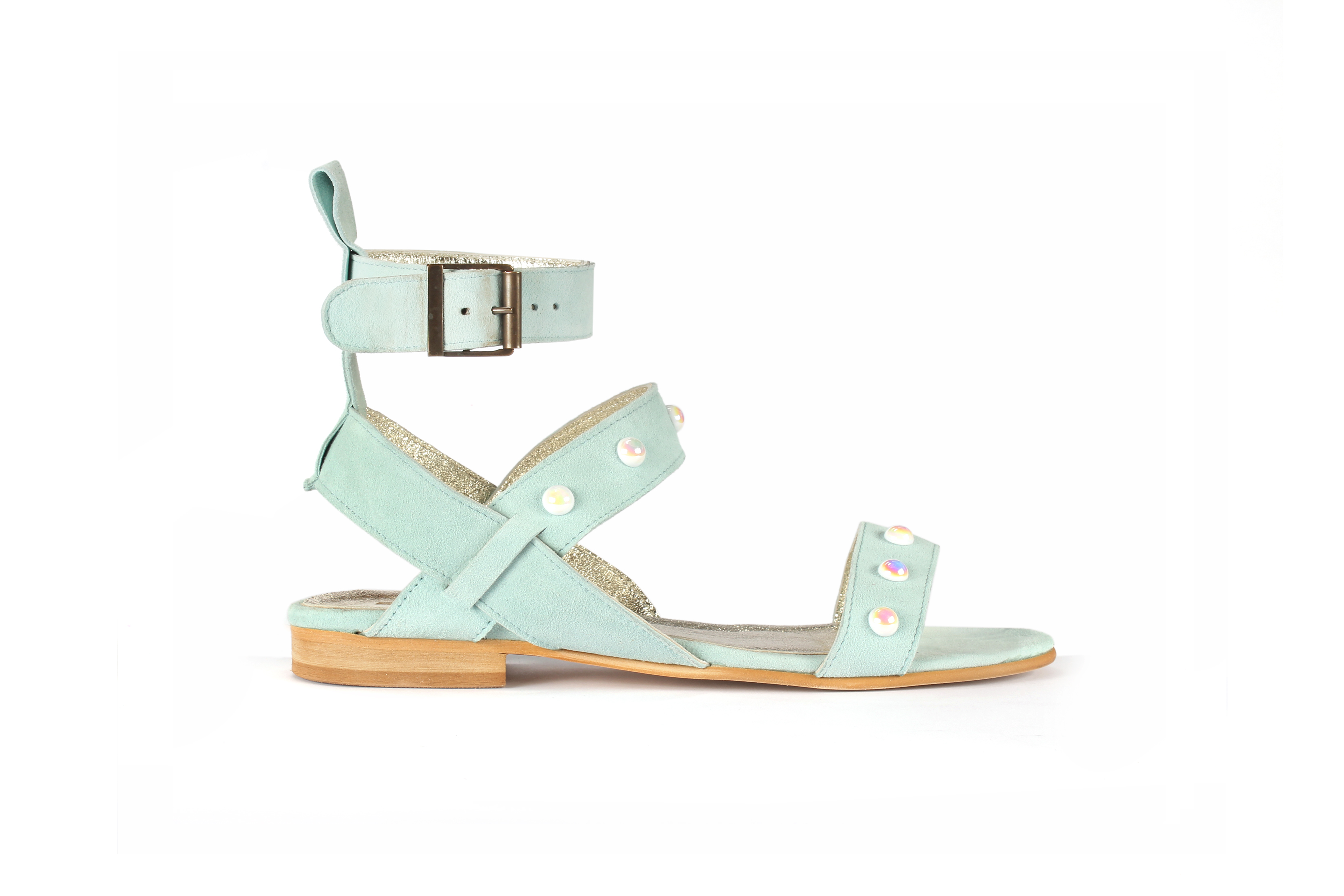 STRAPPY SANDALS – MINT WITH FEATHERS