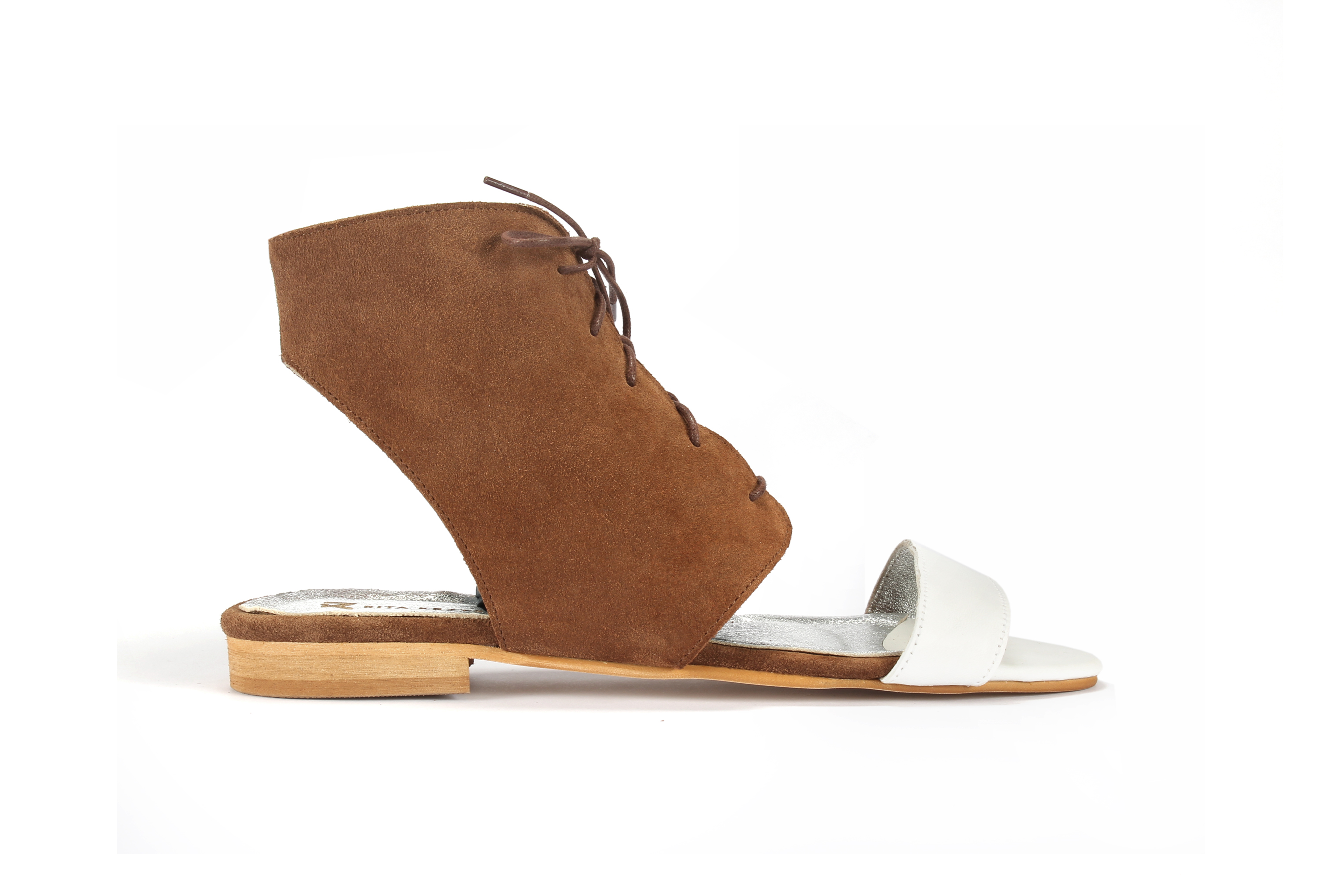 LACE UP SANDALS – BROWN-WHITE WITH FEATHER